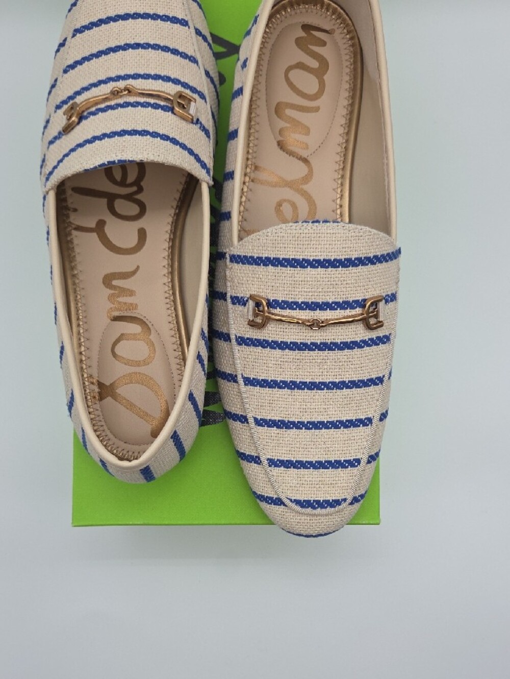 Sam Edelman Beige and Blue Striped Loafers with Gold Hardware - Picture 7 of 7